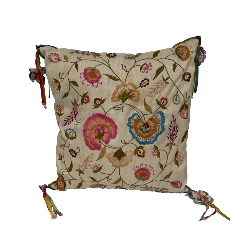 Pier 1 Floral Embroidered Floral Throw Pillow Square Pink Green Applique Tassel